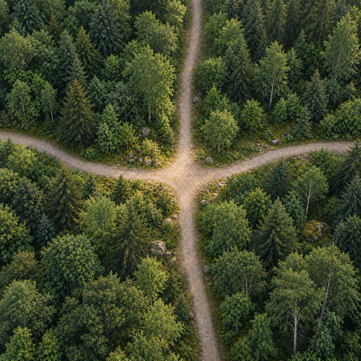 Vier Waldwege treffen sich in einer sonnigen Lichtung.